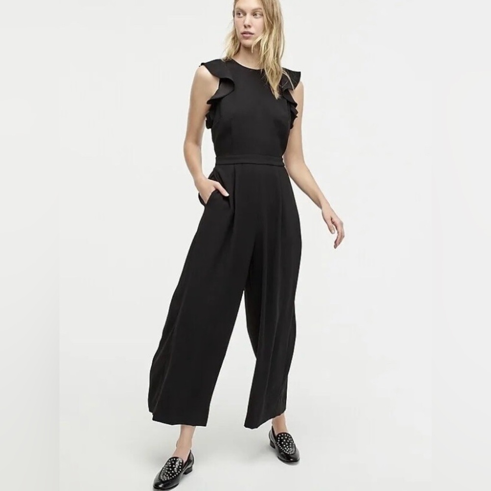 J. Crew Black Sleeveless Wide-Leg Jumpsuit with Ruffle Shoulders Size 6
